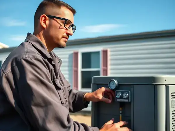 Professional HVAC technician performing maintenance on mobile home AC unit