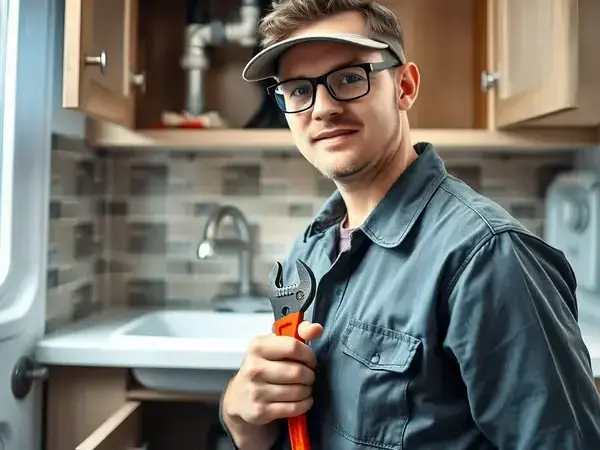 Professional mobile home plumber at work installing pipes